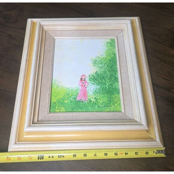 VTG Oil Painting Woman in Pink Dress in Garden Scene Signed Jennifer West 13x15 - Picture 1 of 16